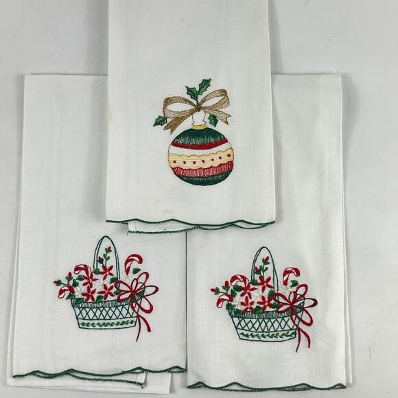 Set of 3 Vtg Christmas Dish Towels Embroidered Ornaments Candy Canes 100% Cotton - Picture 1 of 14